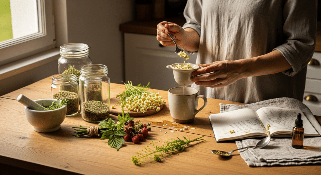 Nő készít kamillateát gyulladáscsökkentő növények mellett napfényes konyhában