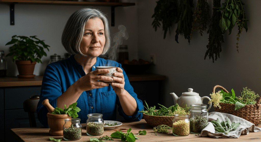 menopauza kezelése: középkorú nő teával és gyógynövényekkel