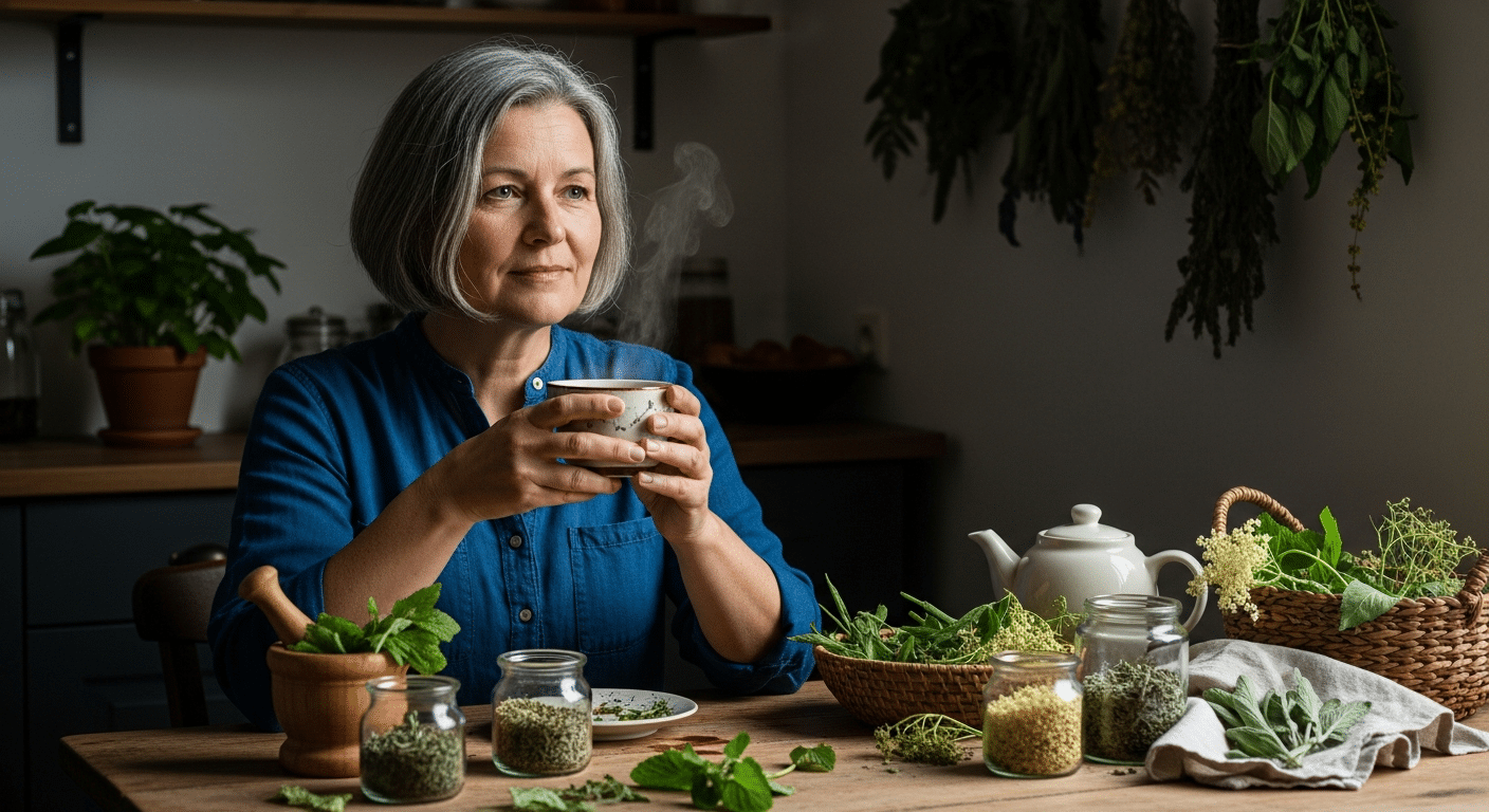 menopauza kezelése: középkorú nő teával és gyógynövényekkel