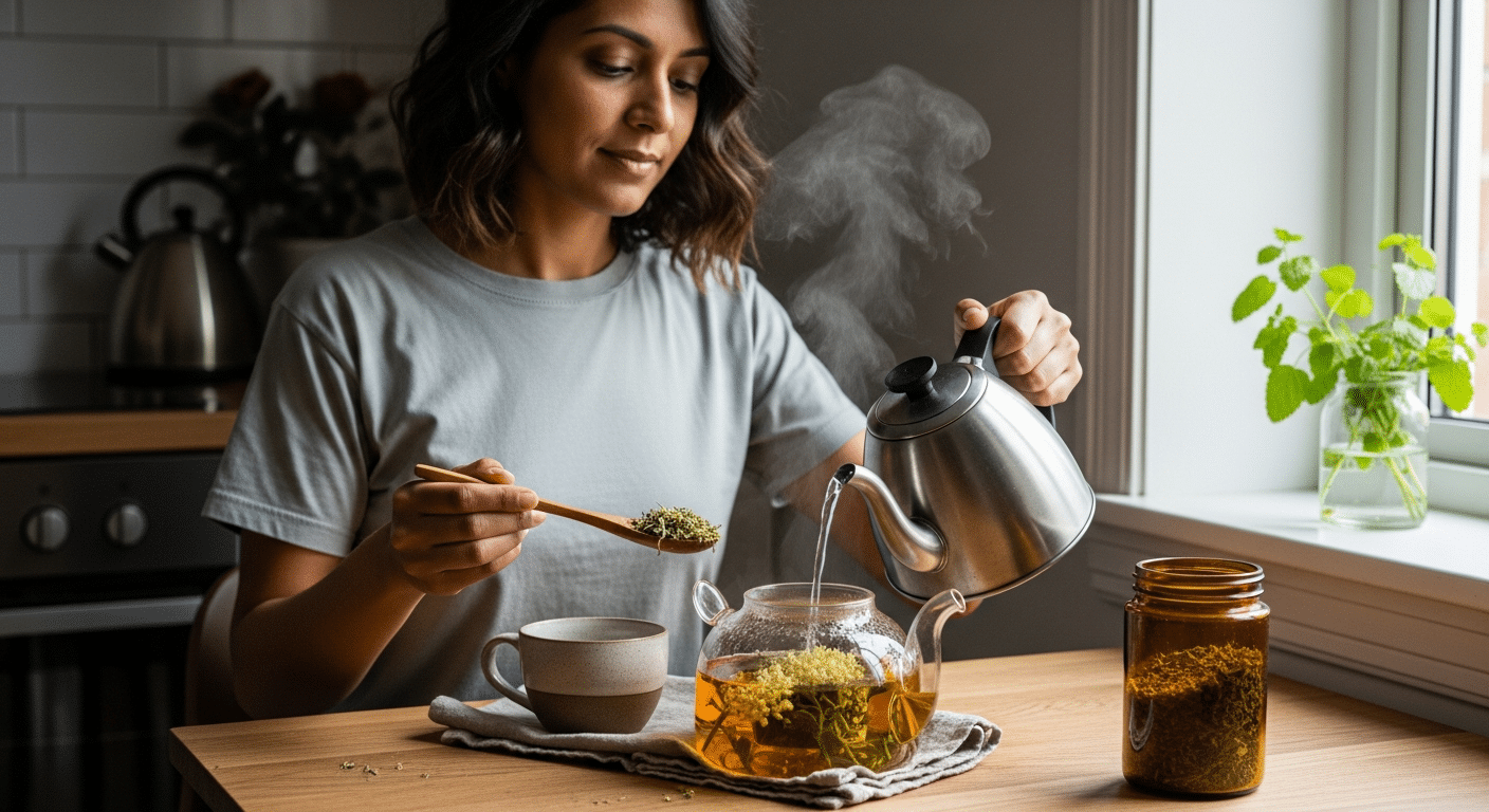 Nő teát készít, női cikluszavarok kezelése érdekében — nyugodt önápolás