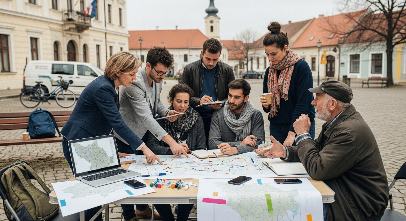 Területfejlesztés workshop vidéki főtéren, helyi szereplők térképekkel