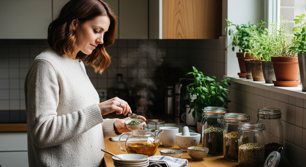 Középkorú nő gyógynövény teát készít, biztonságos alkalmazás szemléltetve