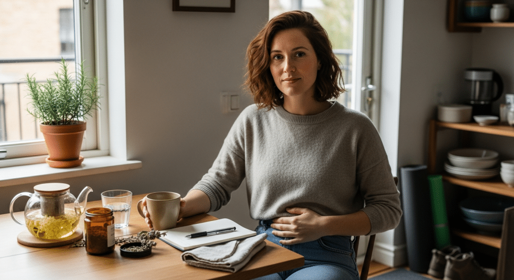 Nő ül napfényes konyhában, keze a hasán, premenstruációs tünetek