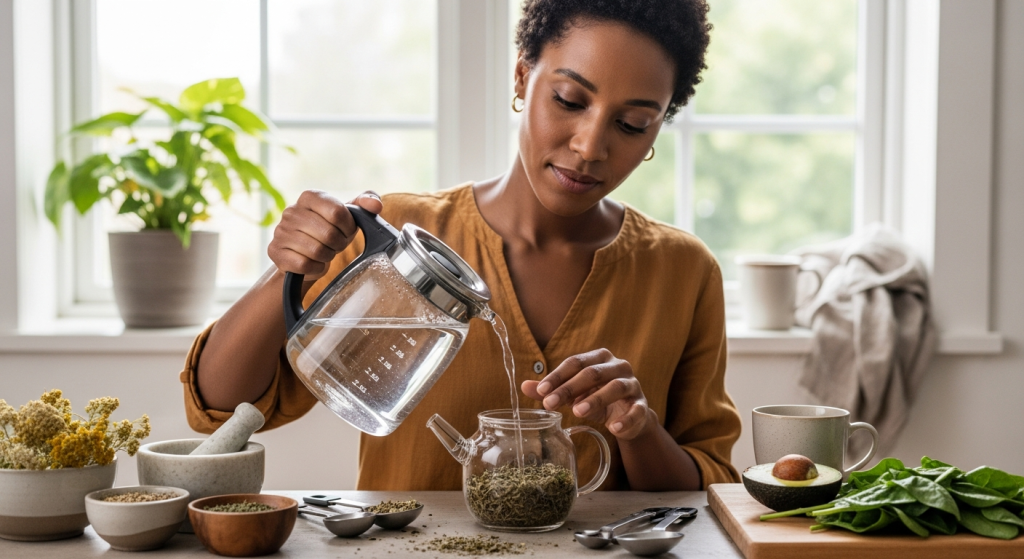 Nő készít gyógynövényteát a termékenység támogatására