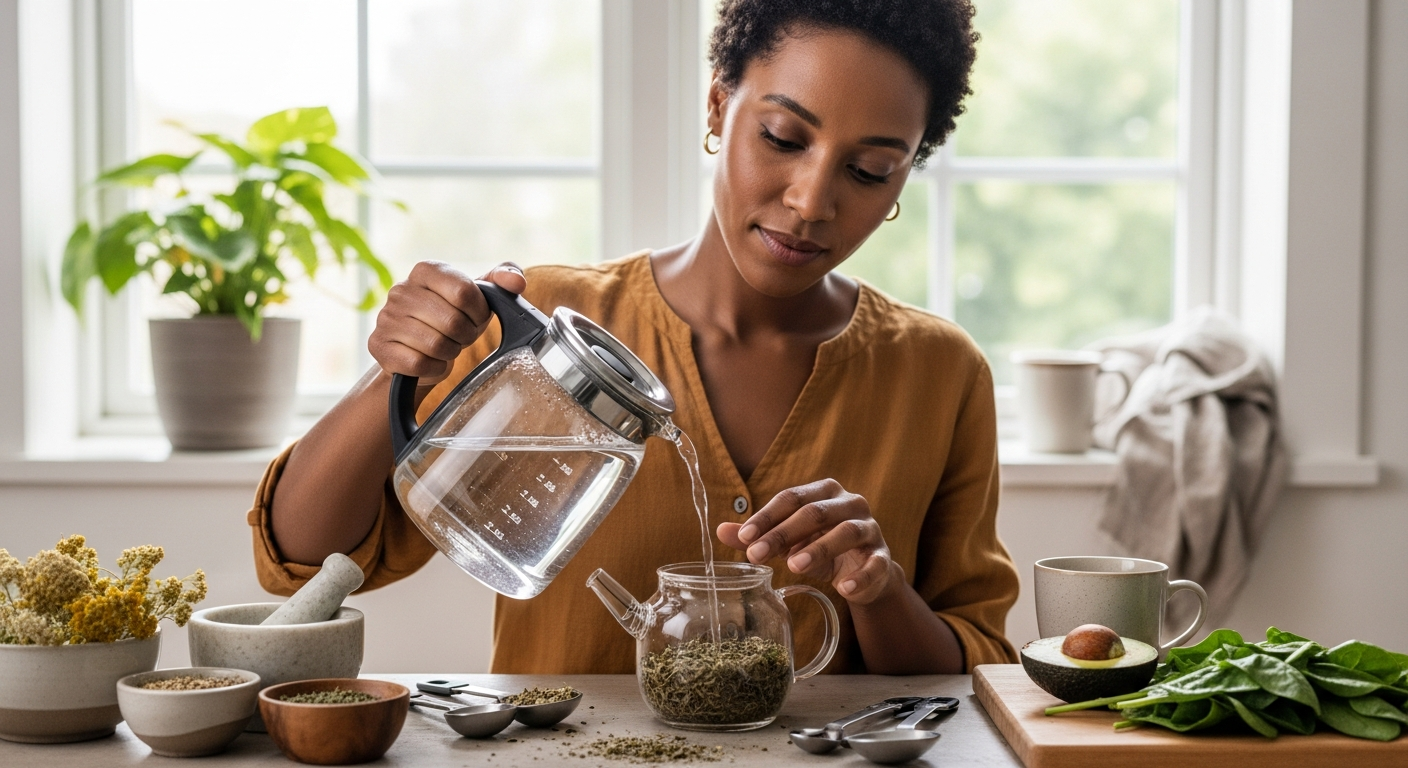 Nő készít gyógynövényteát a termékenység támogatására