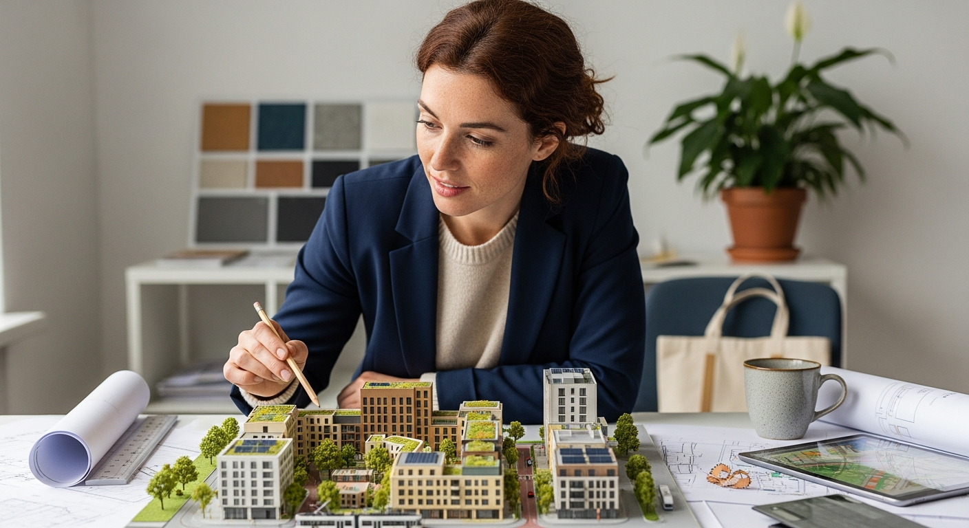 Női várostervező, fenntartható urbanizáció városmodellre mutatva