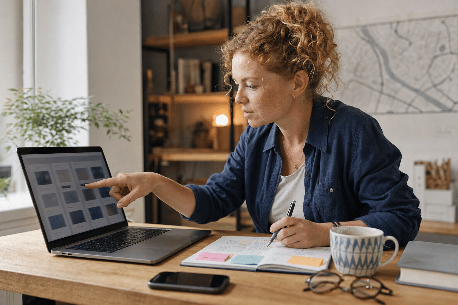 Vállalkozónő coworking asztalnál, laptop előtt nézi az eladó domain név lista