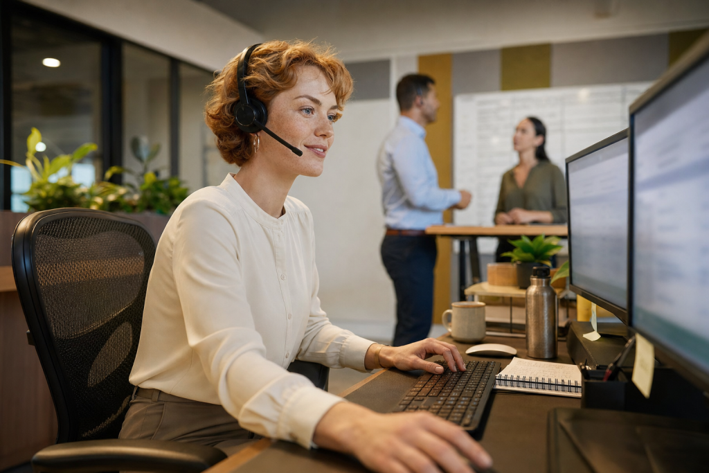 ügyfélszolgálati munka előnyei: magabiztos nő headsettel modern call centerben